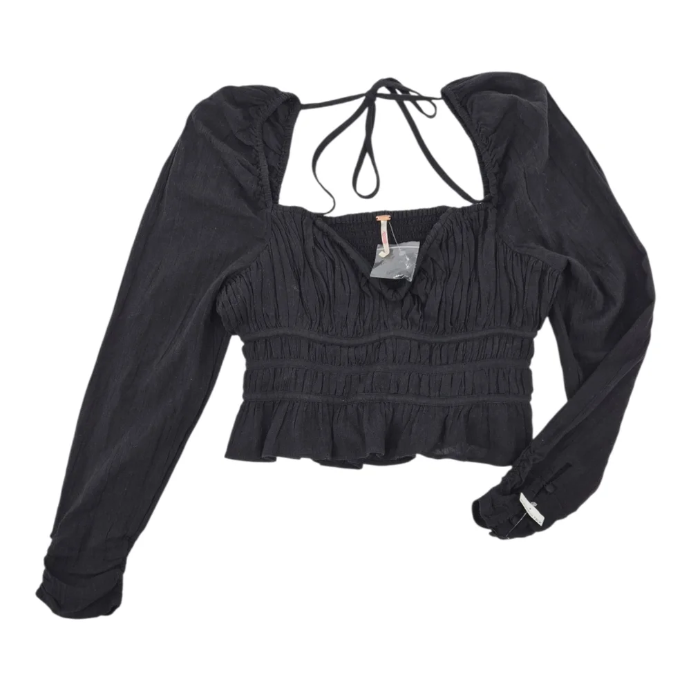 Free People Black soft cotton‎ gauze Long Sleeve Smocked Top